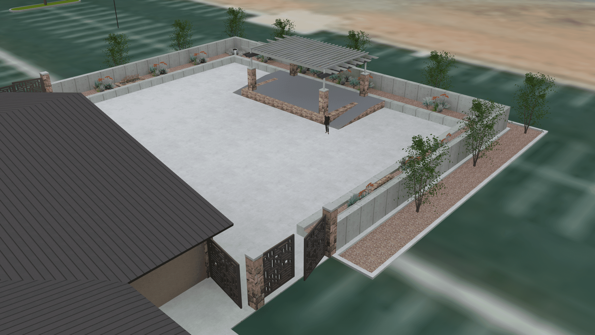 Aerial view of the gated outdoor plaza and pavilion
