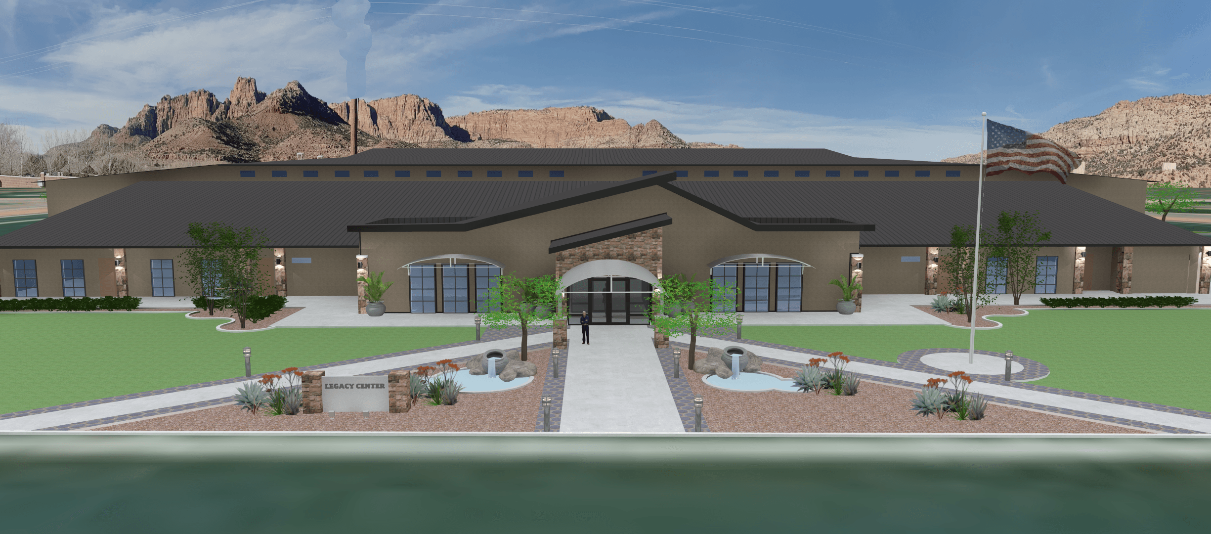 Wide rendering of the Legacy Center front elevation with mountains behind