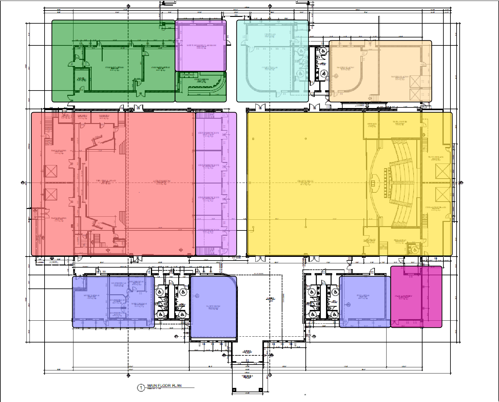Color-coded main floor plan of the Legacy Center showing the performing arts wing, community hall, kitchen, computer lab, maker's space, dance and music rooms, fine arts, conference rooms, and lobby